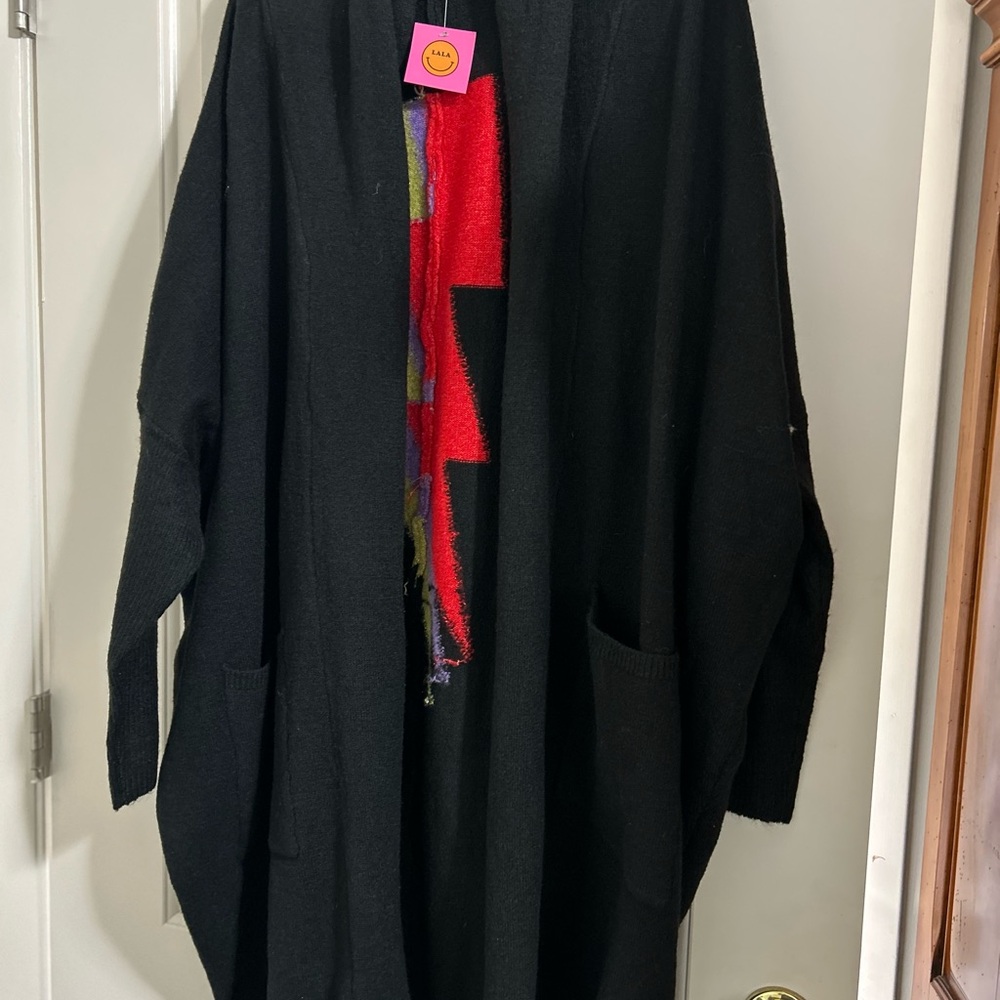 Dressed in LALA Black Cardigan with Red and Green Accents